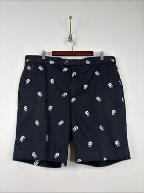 Loudmouth Golf Shorts Mens 40 x 10 Black White Skulls Flat Front Cotton Stretch